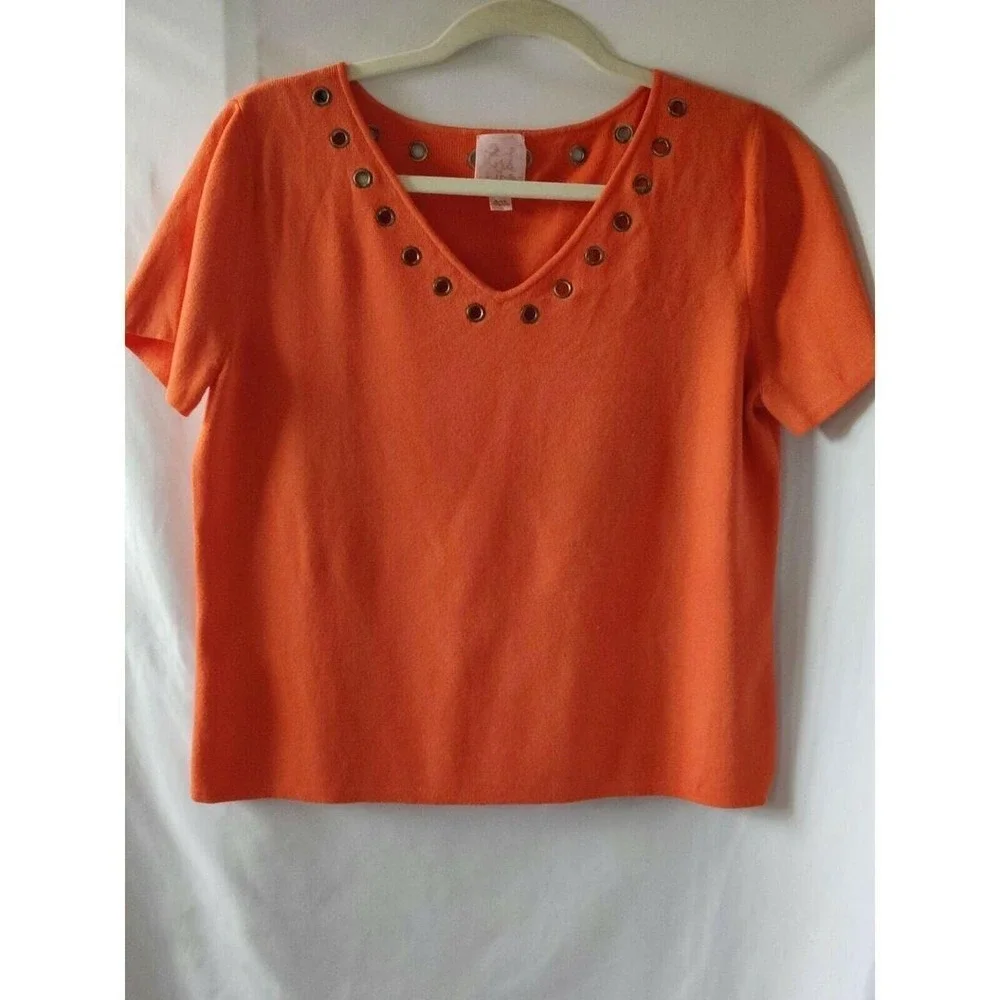 Pink Poodle Womens Short Sleeve Sweater Gold Grommets V-Neck Orange Size L